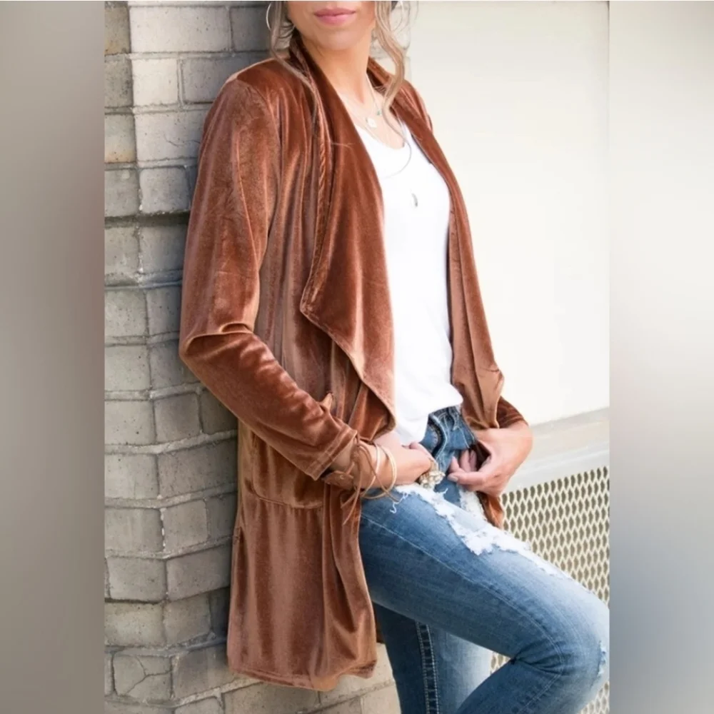 HIPSTER ROW size XL Draping Open Front Velour Cardigan Front Patch Pockets Brown